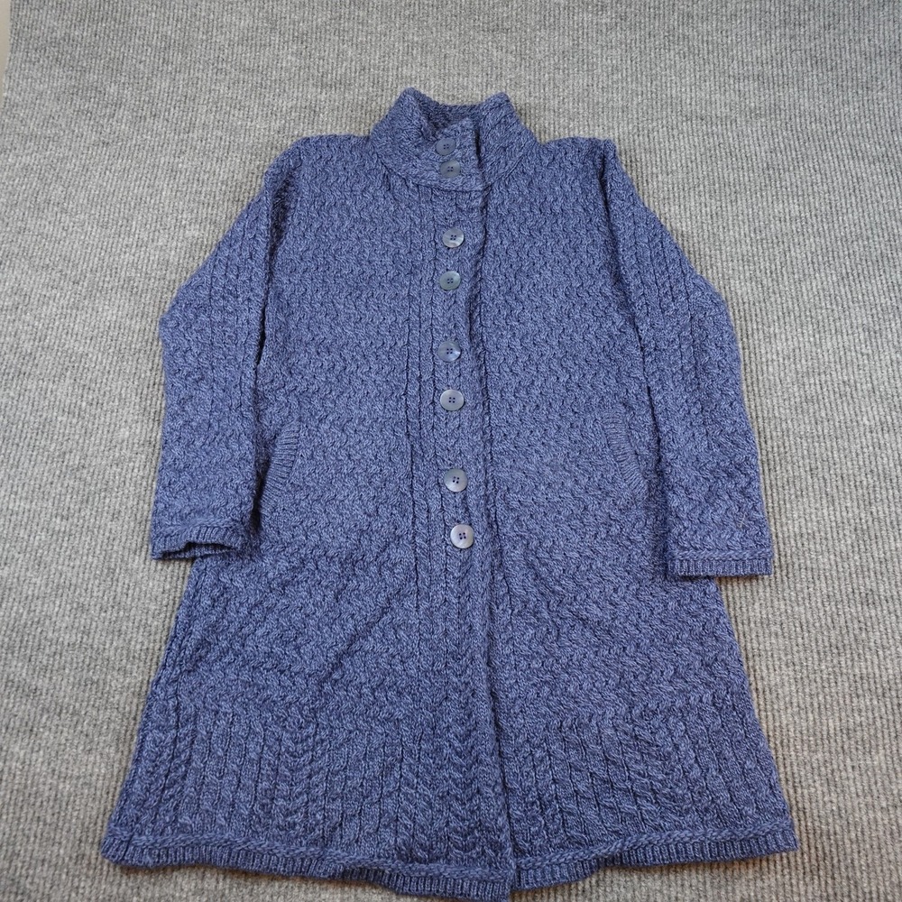 IrelandsEye Cardigan Sweater Womens Large Blue 100% Wool Cable Knit Pockets